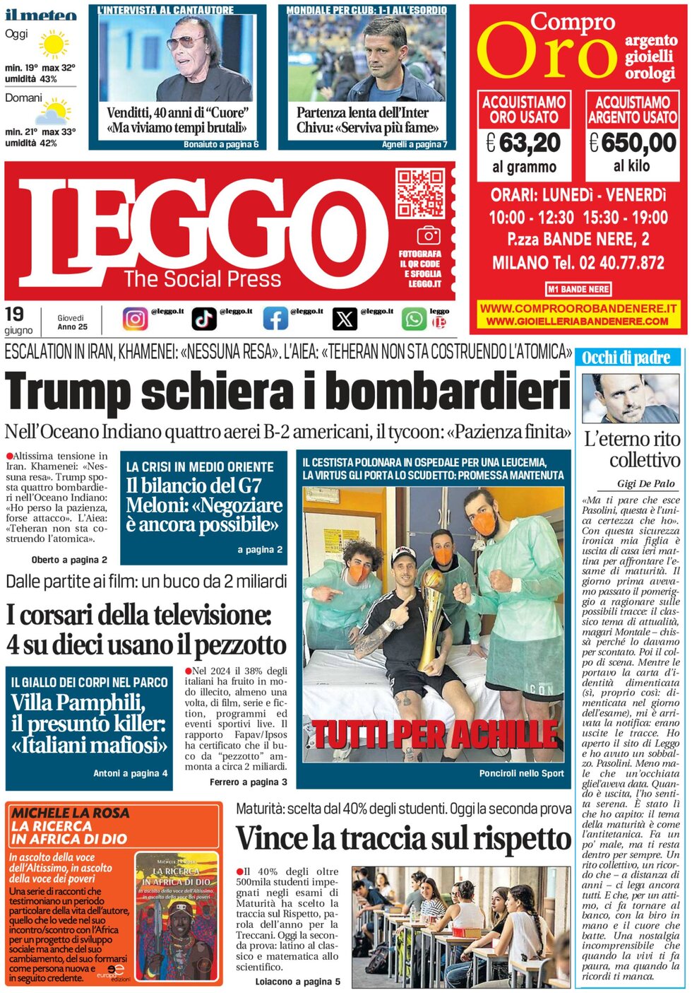 Prima Pagina Leggo (Milano) 19/06/2025