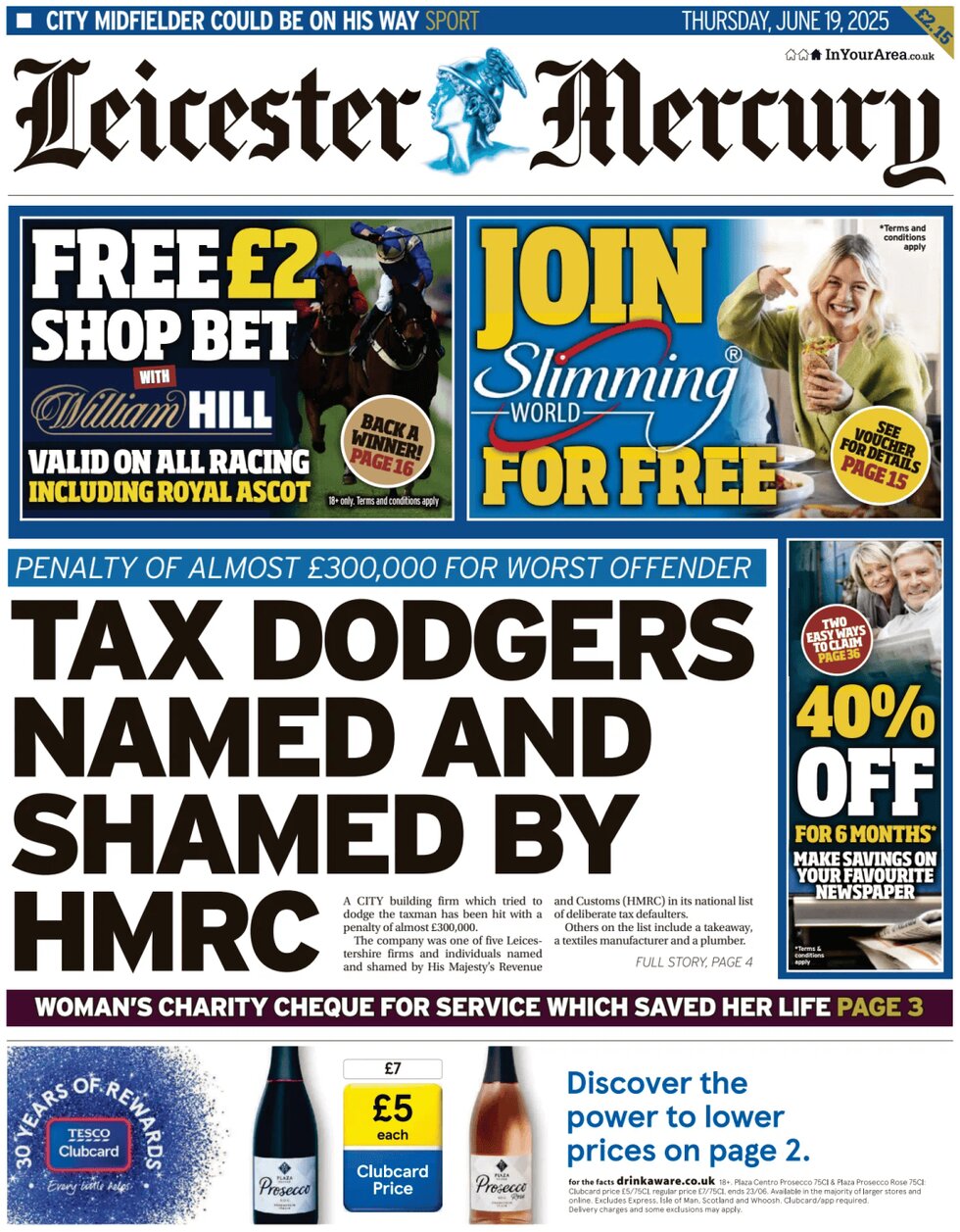 Prima Pagina Leicester Mercury 19/06/2025