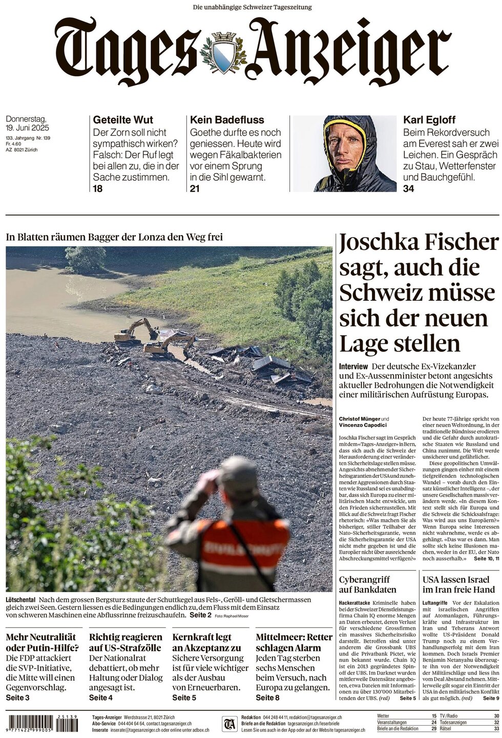 Prima Pagina Tages-Anzeiger (Tagi TA) 19/06/2025