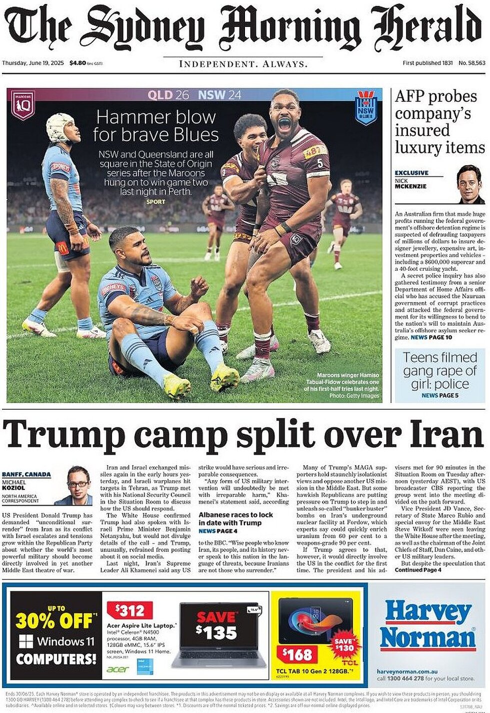 Prima Pagina The Sydney Morning Herald 19/06/2025