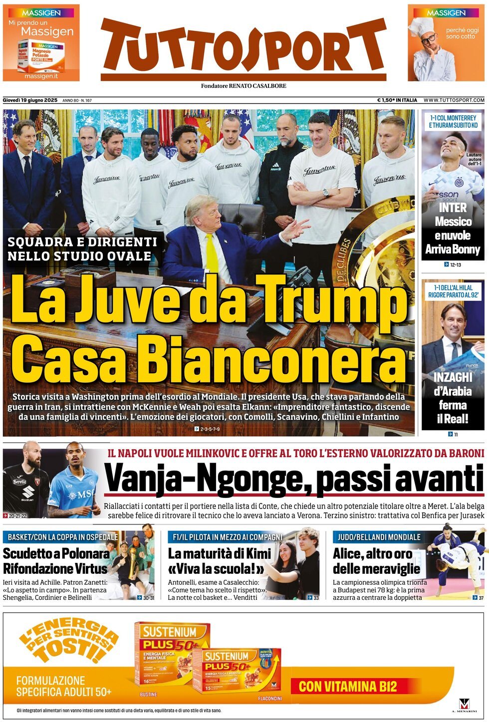 Prima Pagina Tuttosport 19/06/2025