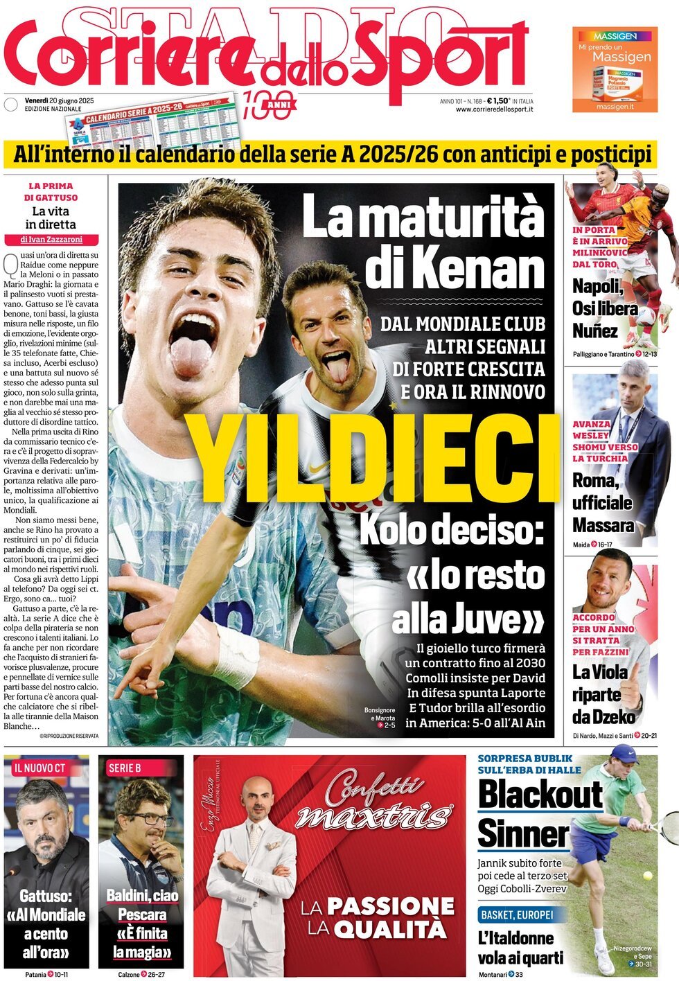 Prima Pagina Corriere dello Sport 20/06/2025
