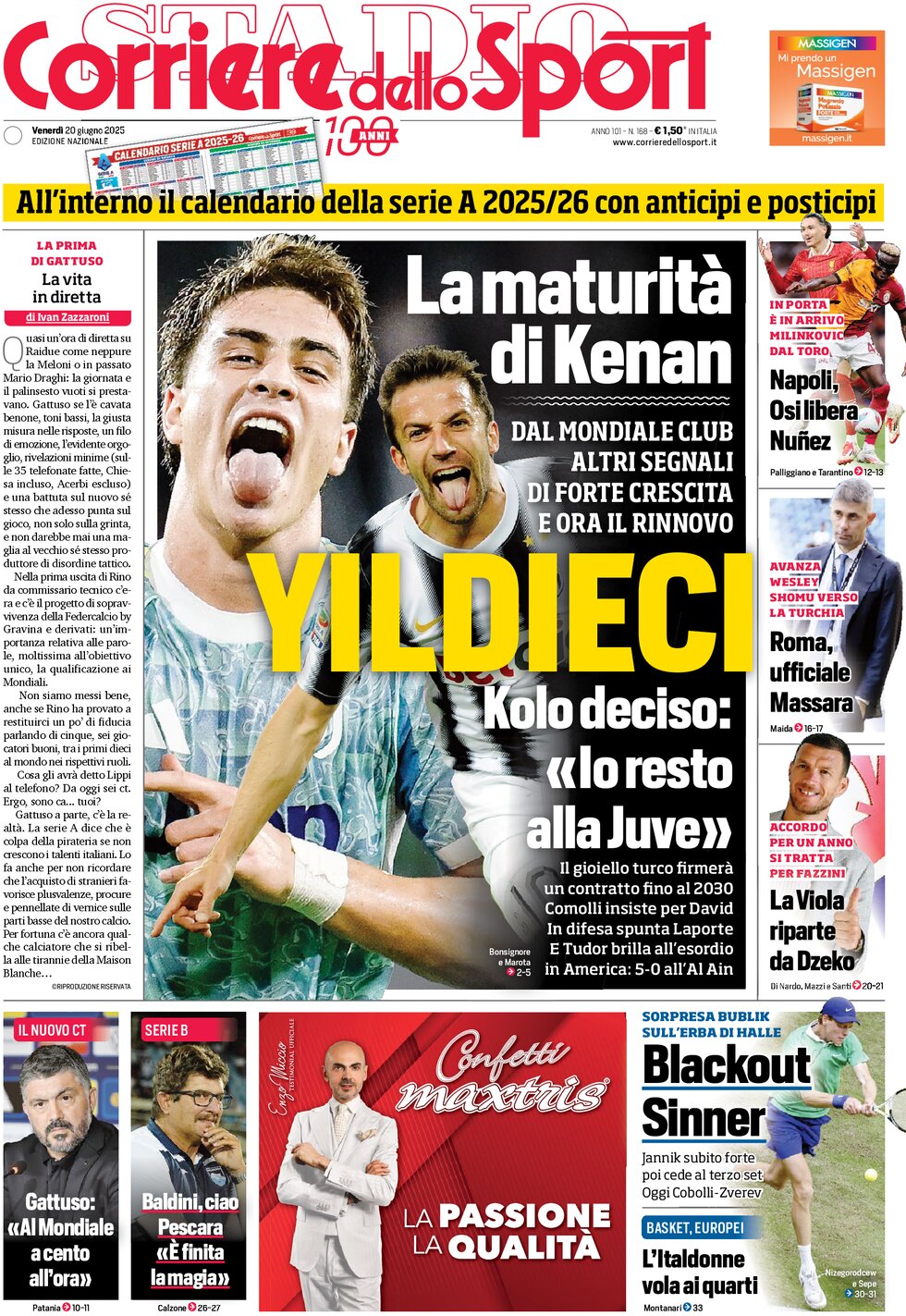 Prima Pagina Corriere dello Sport 20/06/2025