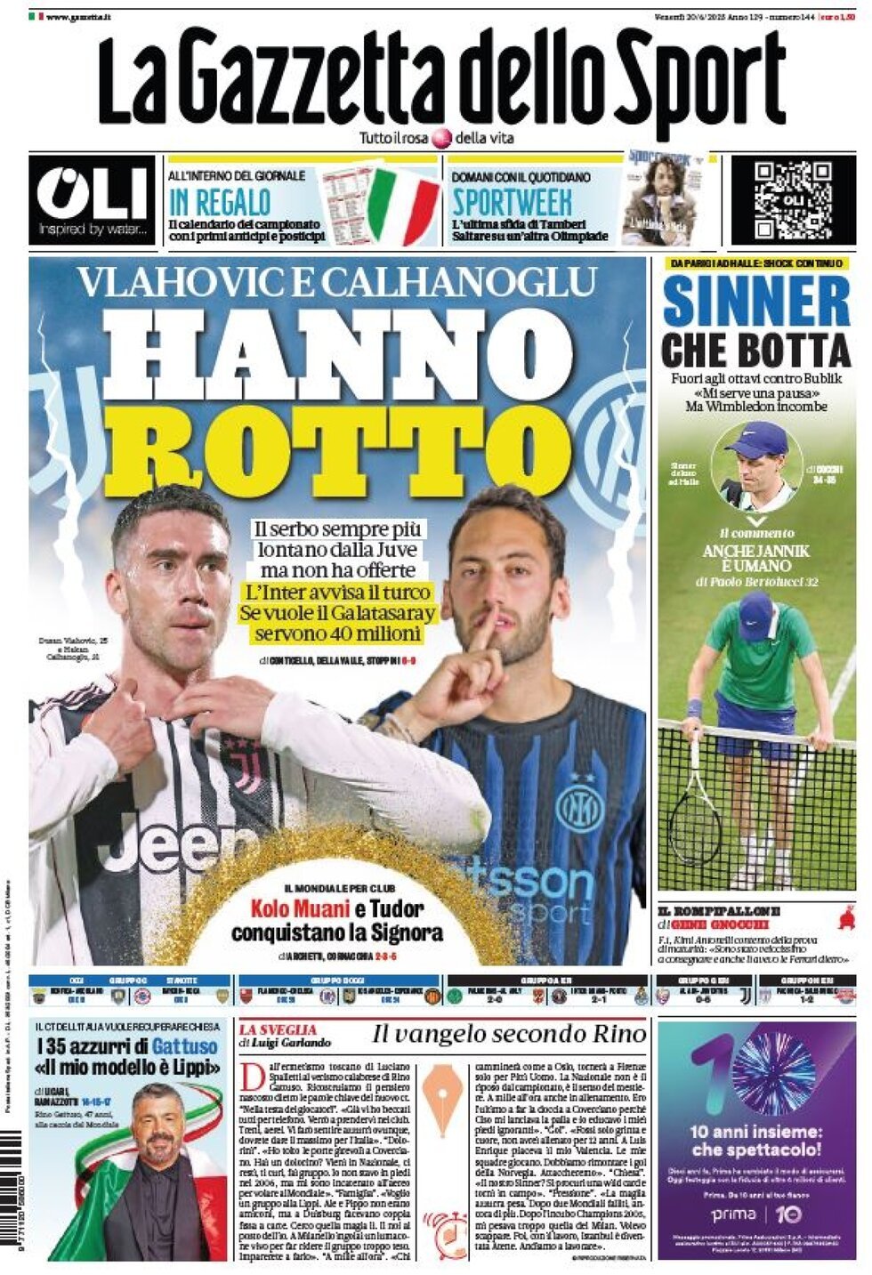 Prima Pagina La Gazzetta dello Sport 20/06/2025