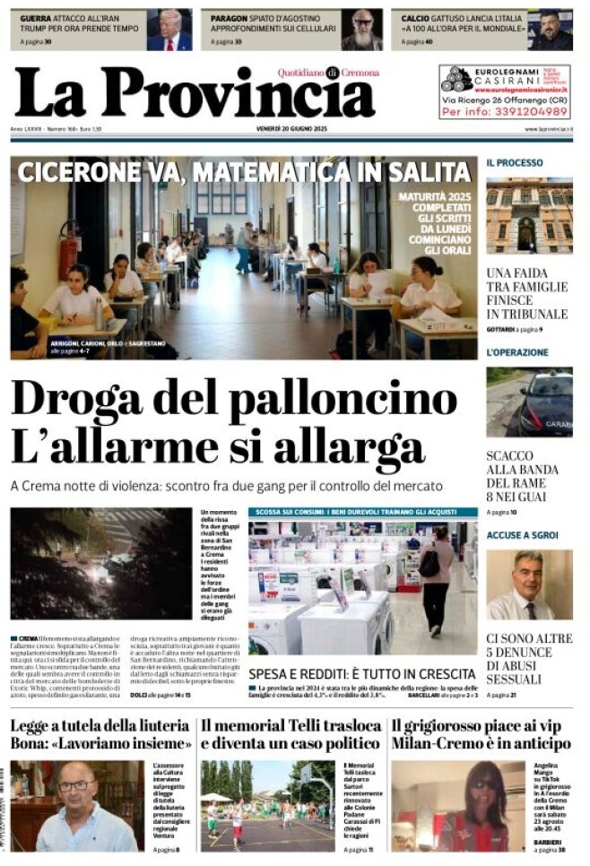 Prima Pagina La Provincia di Cremona 20/06/2025
