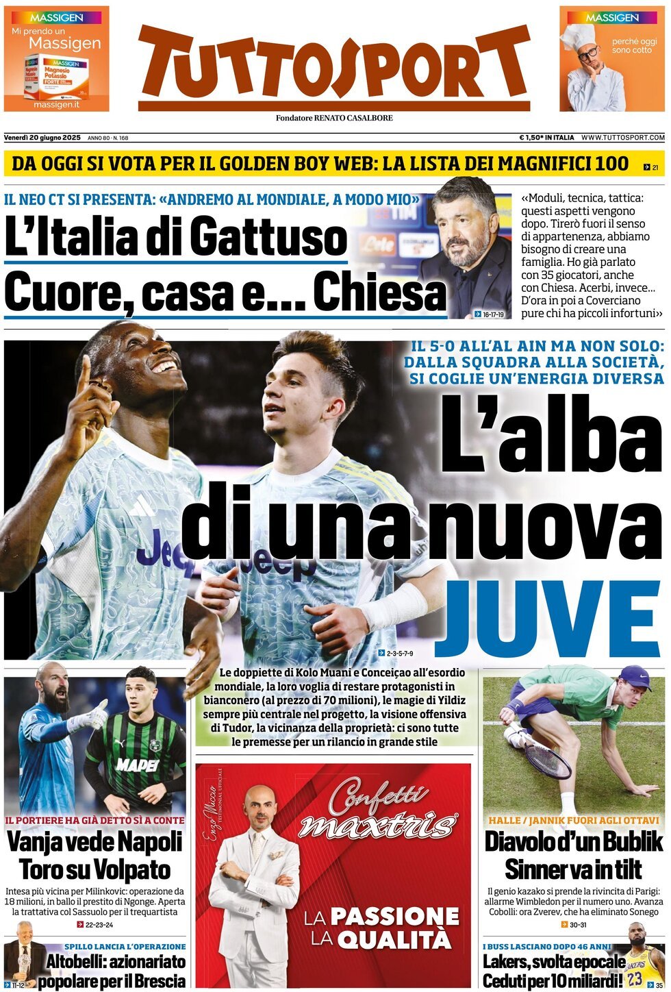 Prima Pagina Tuttosport 20/06/2025