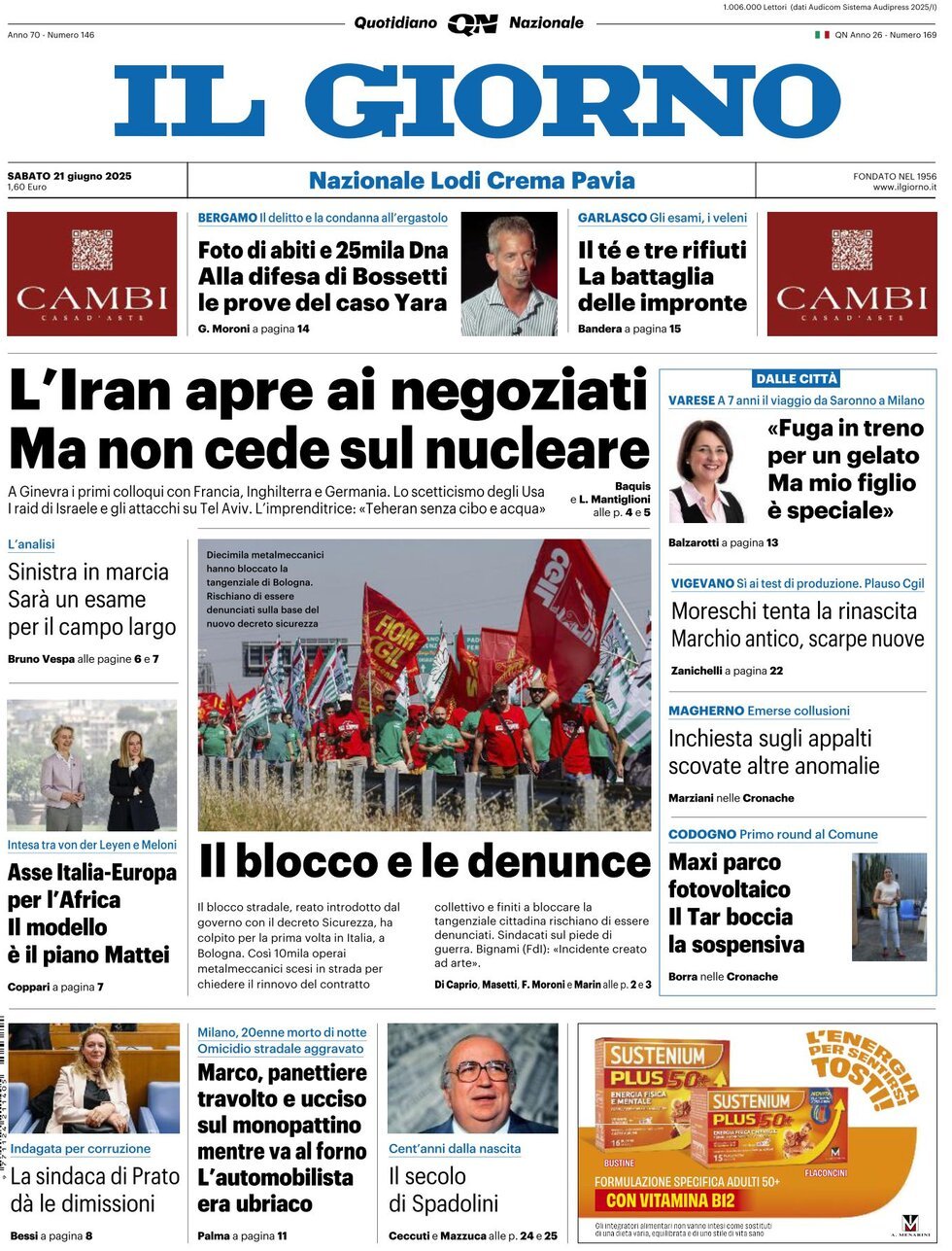 Prima Pagina Il Giorno 21/06/2025