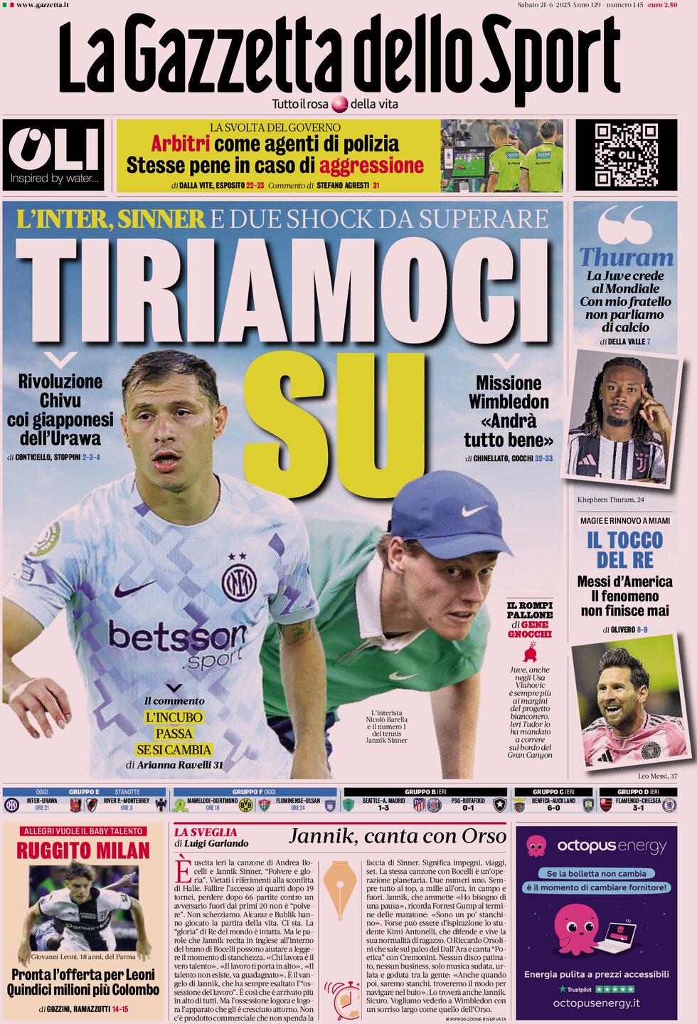 Prima Pagina La Gazzetta dello Sport 21/06/2025
