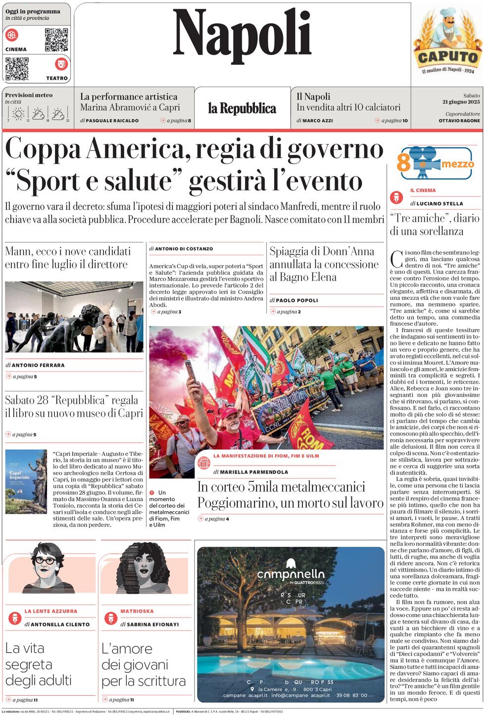 Prima Pagina La Repubblica (Napoli) 21/06/2025