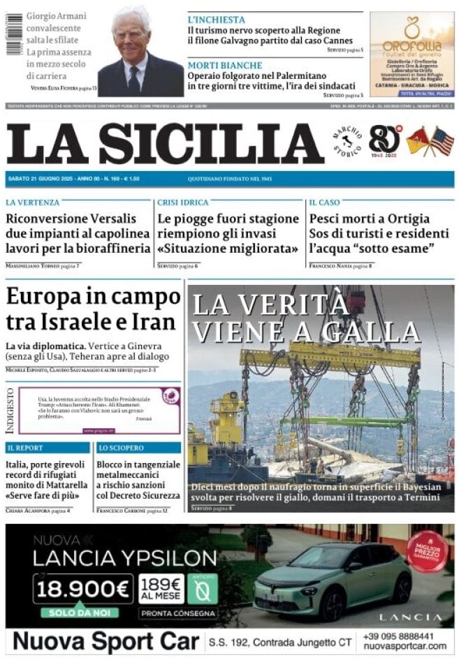 Prima Pagina La Sicilia 21/06/2025
