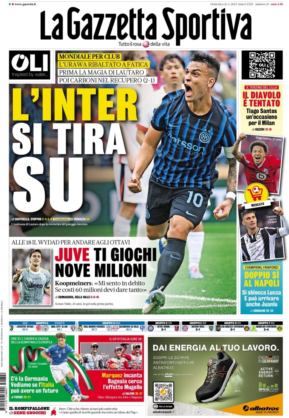 Prima Pagina La Gazzetta dello Sport 22/06/2025