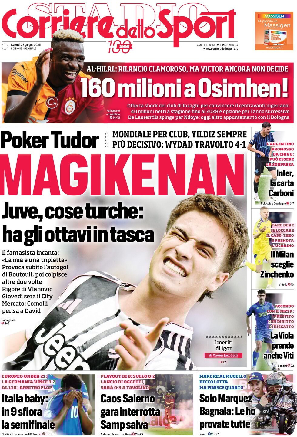 Prima Pagina Corriere dello Sport 23/06/2025