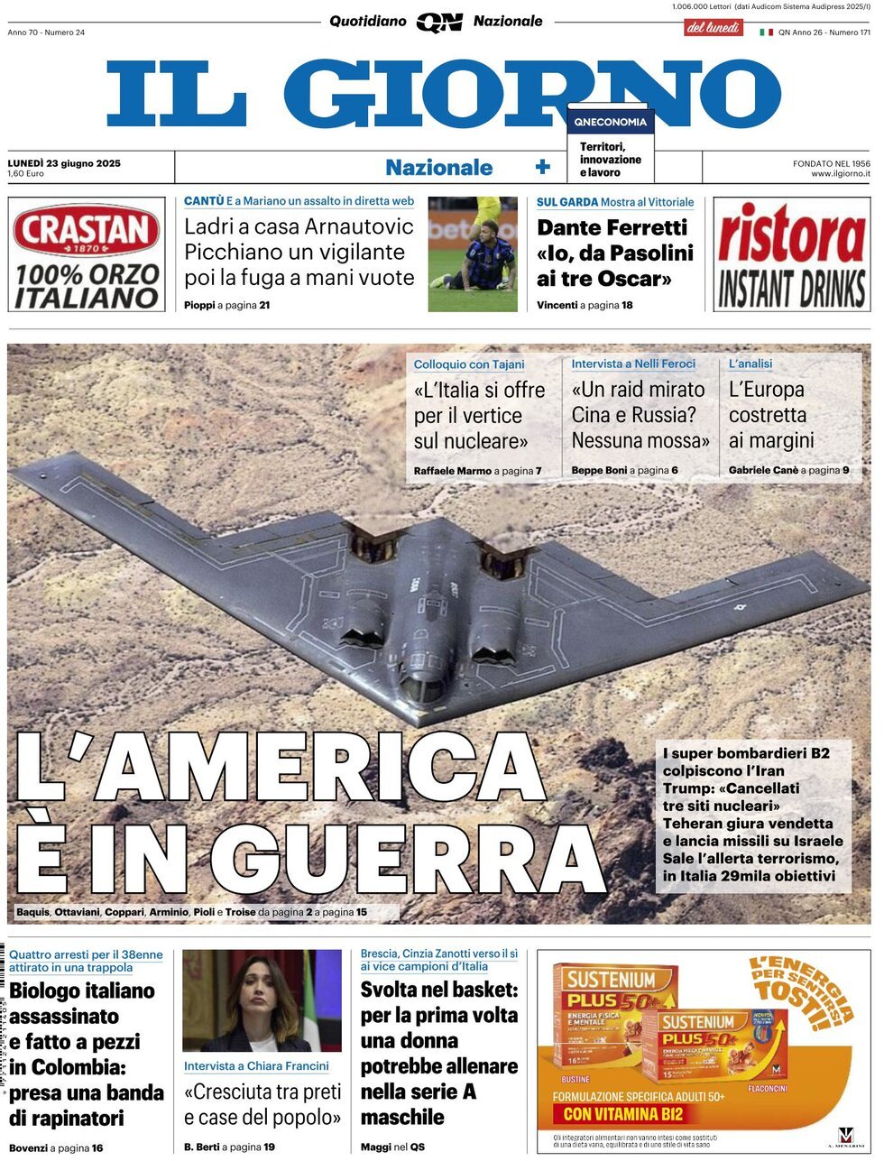 Prima Pagina Il Giorno 23/06/2025