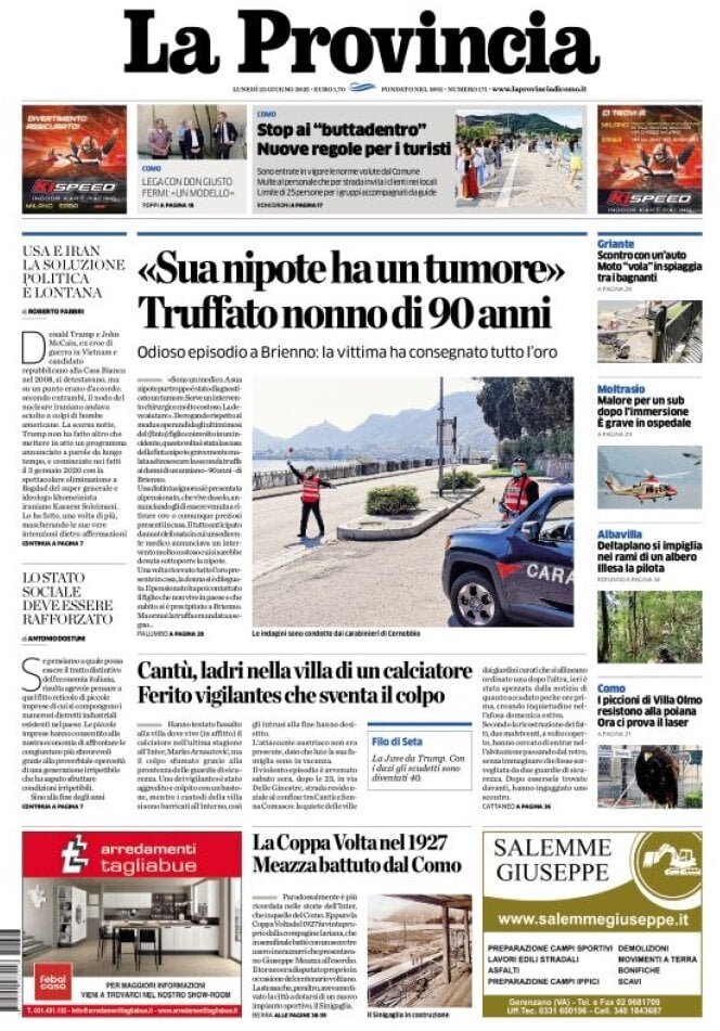 Prima Pagina La Provincia di Como 23/06/2025