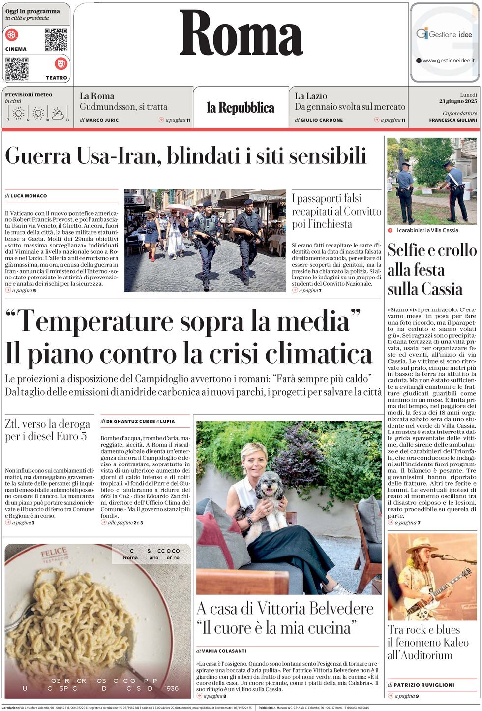 Prima Pagina La Repubblica (Roma) 23/06/2025