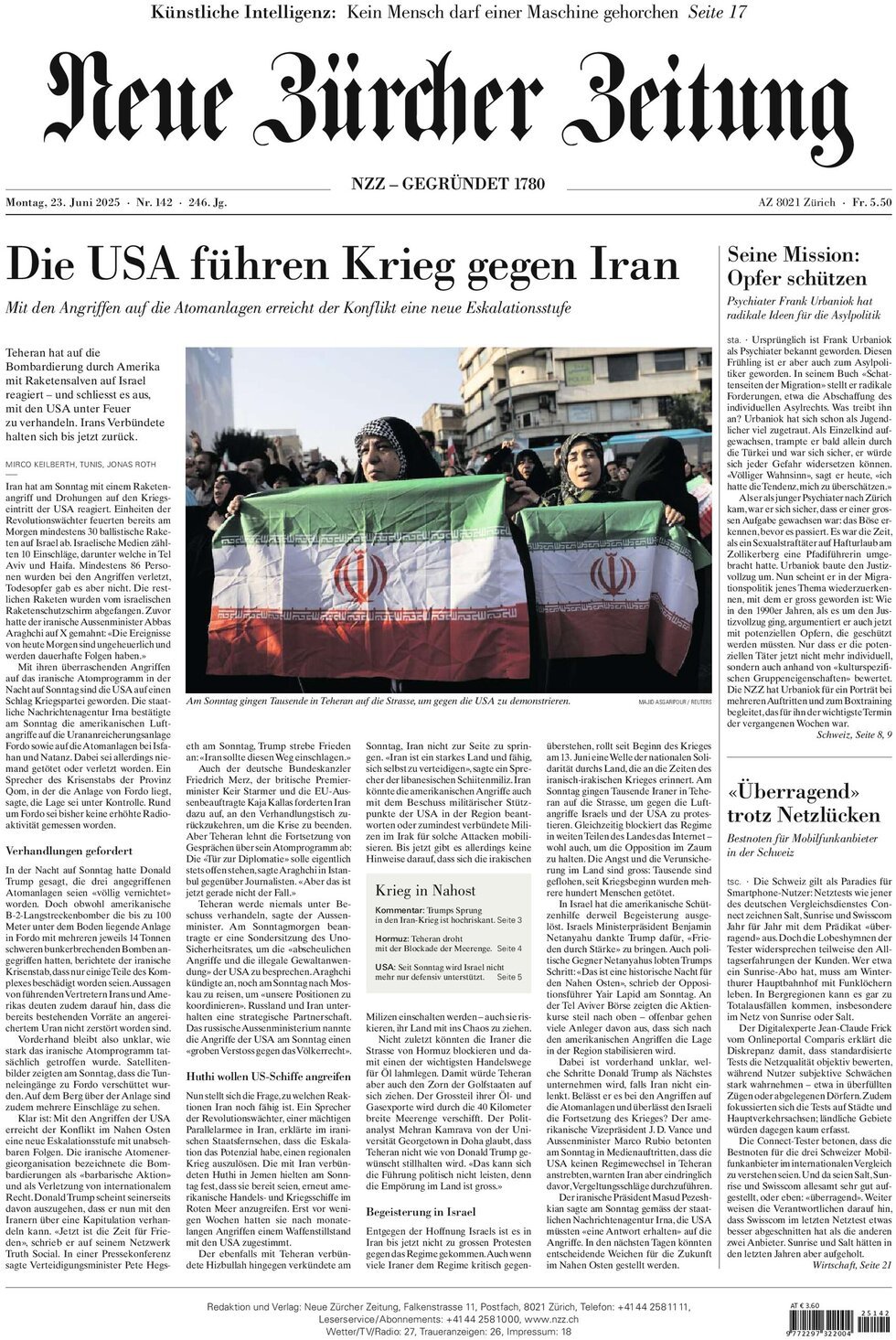 Prima Pagina NZZ (Neue Zürcher Zeitung) 23/06/2025