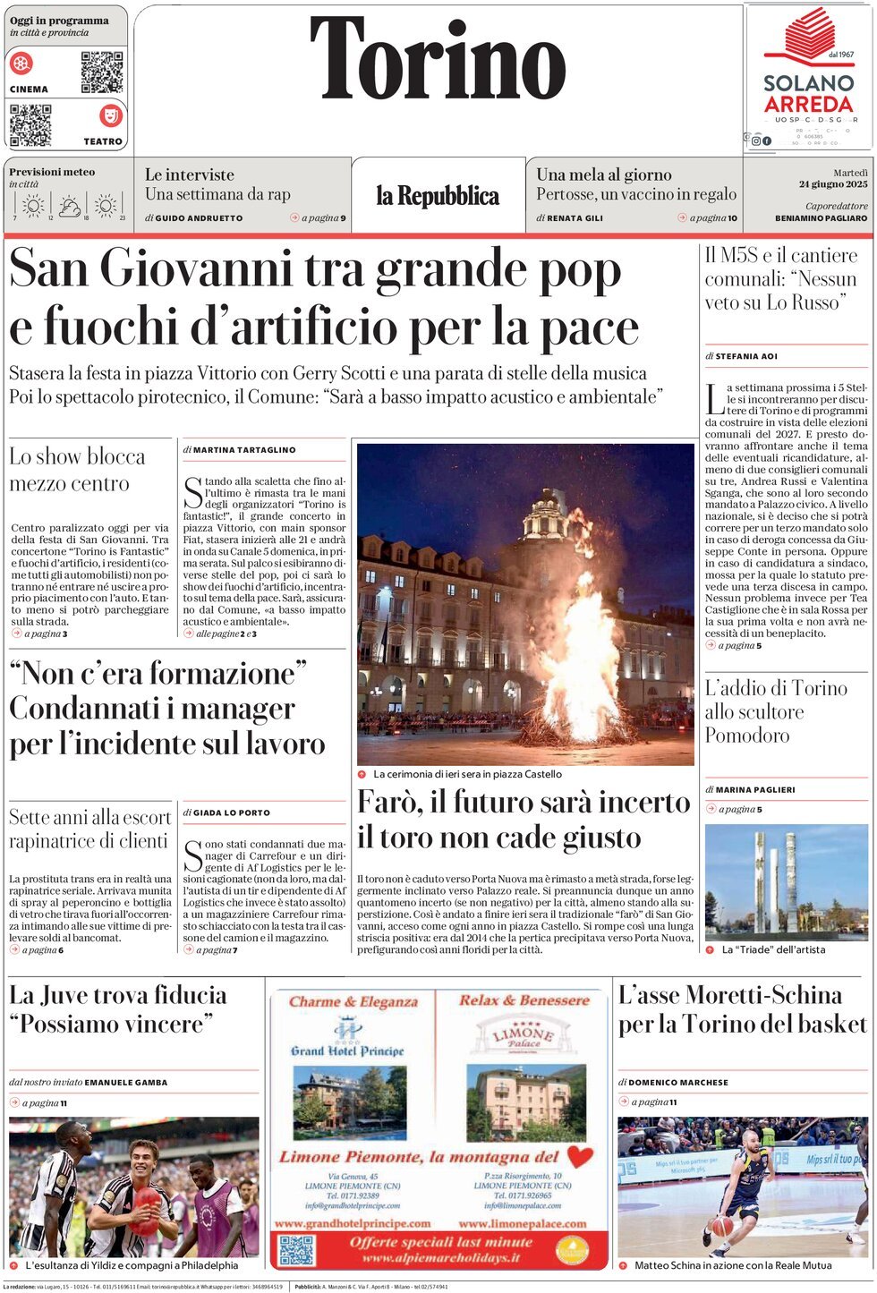 Prima Pagina La Repubblica (Torino) 24/06/2025