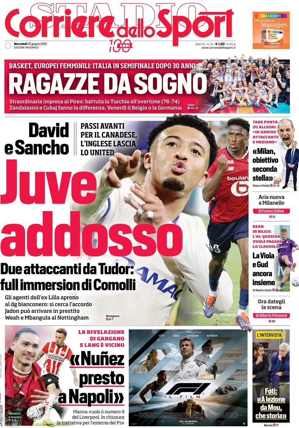 Prima Pagina Corriere dello Sport 25/06/2025