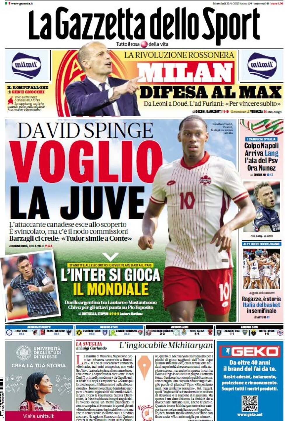Prima Pagina La Gazzetta dello Sport 25/06/2025
