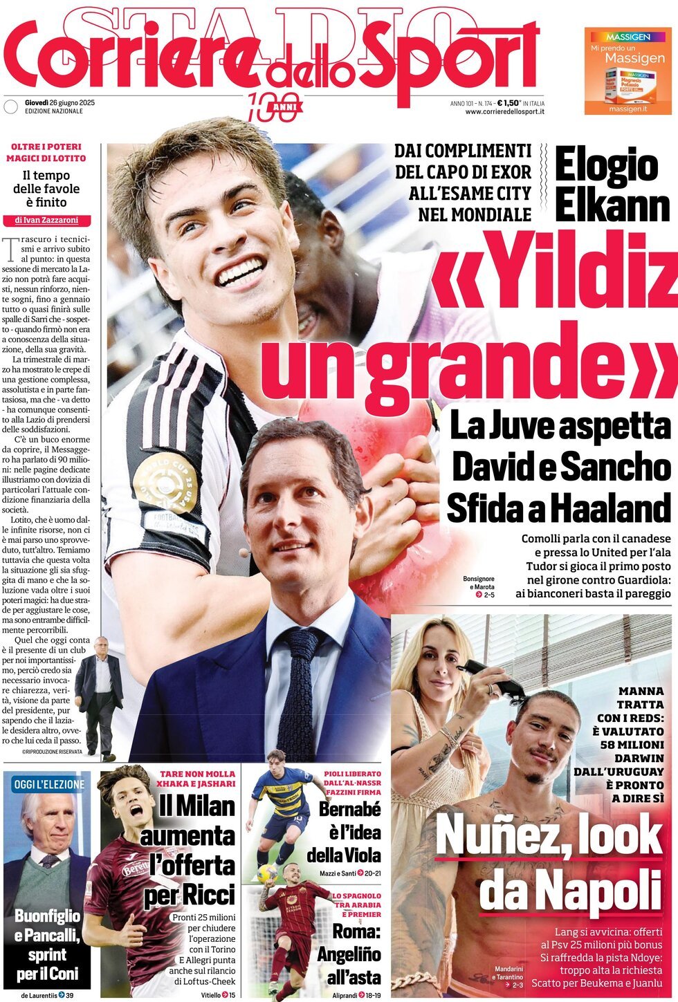 Prima Pagina Corriere dello Sport 26/06/2025