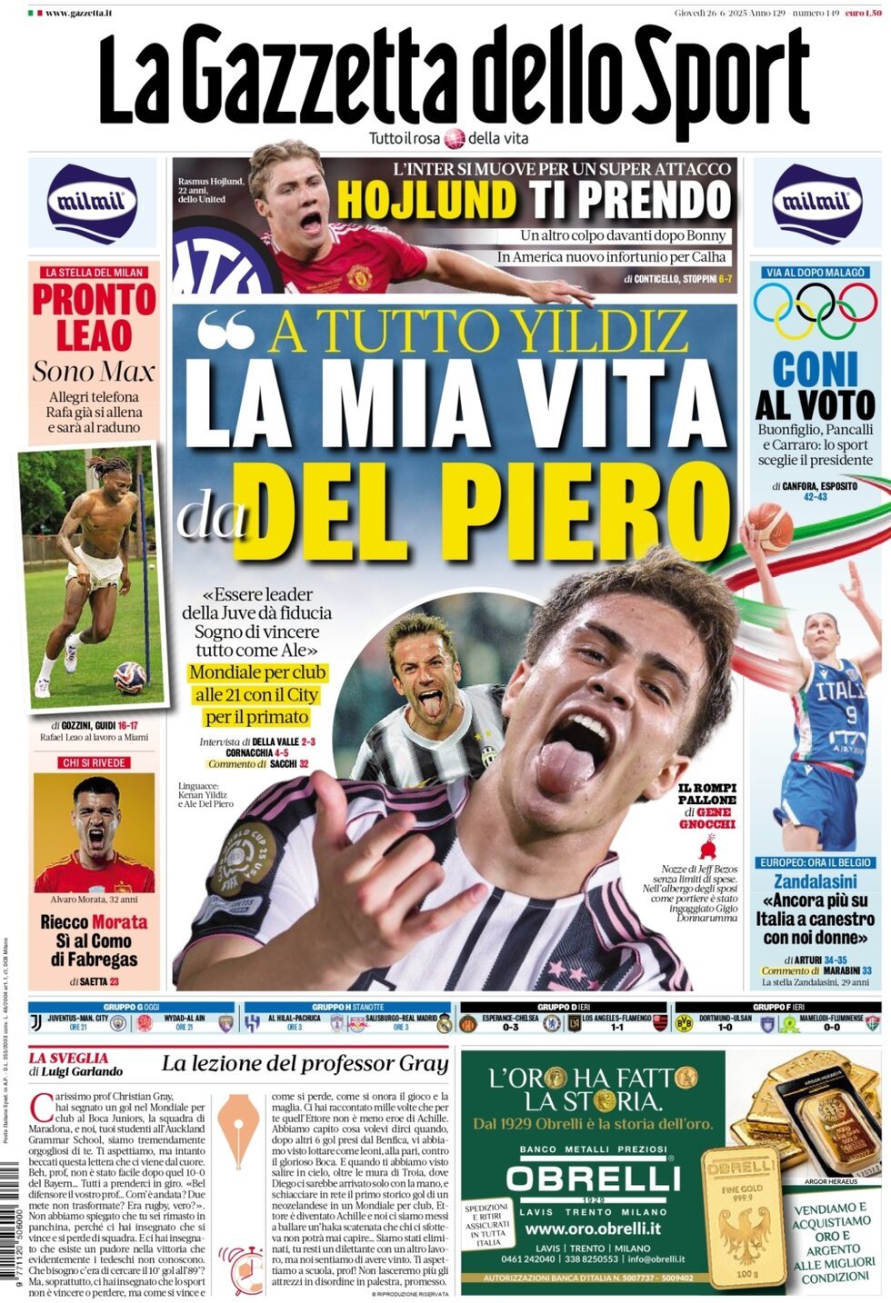 Prima Pagina La Gazzetta dello Sport 26/06/2025