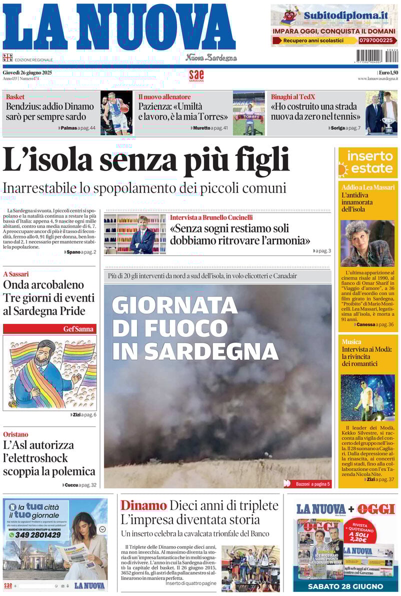 Prima Pagina La Nuova Sardegna 26/06/2025