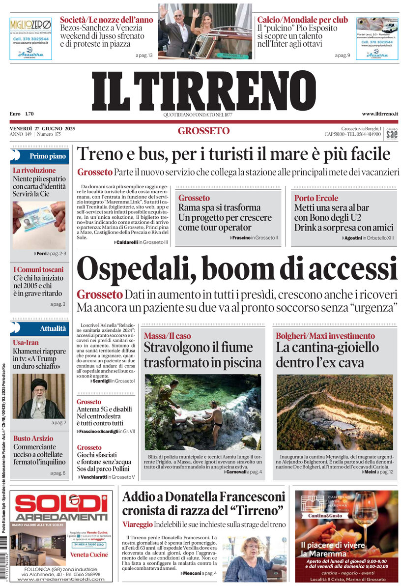 Prima Pagina Il Tirreno (Grosseto) 27/06/2025