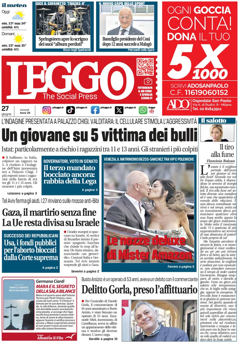 Prima Pagina Leggo (Milano) 27/06/2025