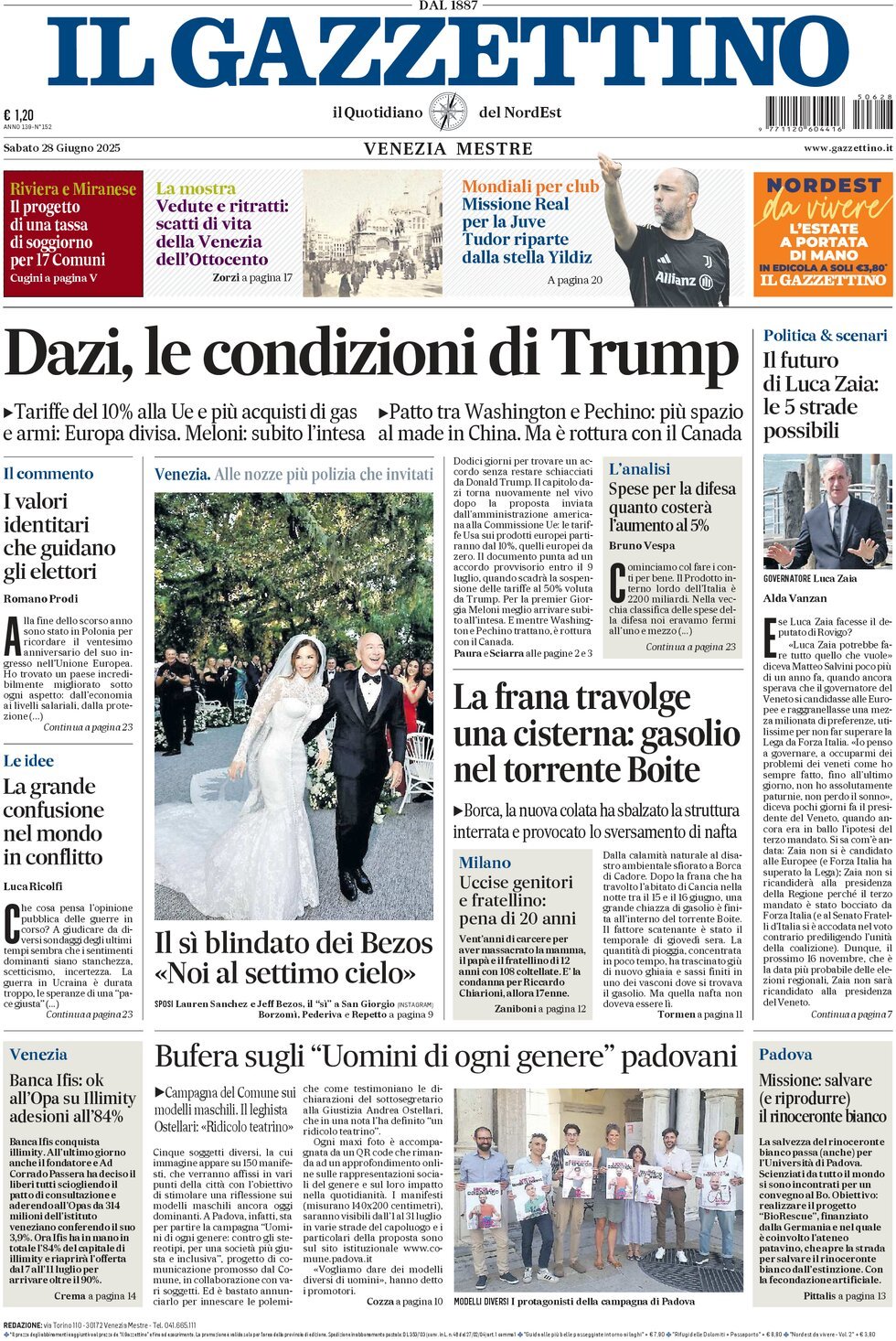 Prima Pagina Il Gazzettino 28/06/2025