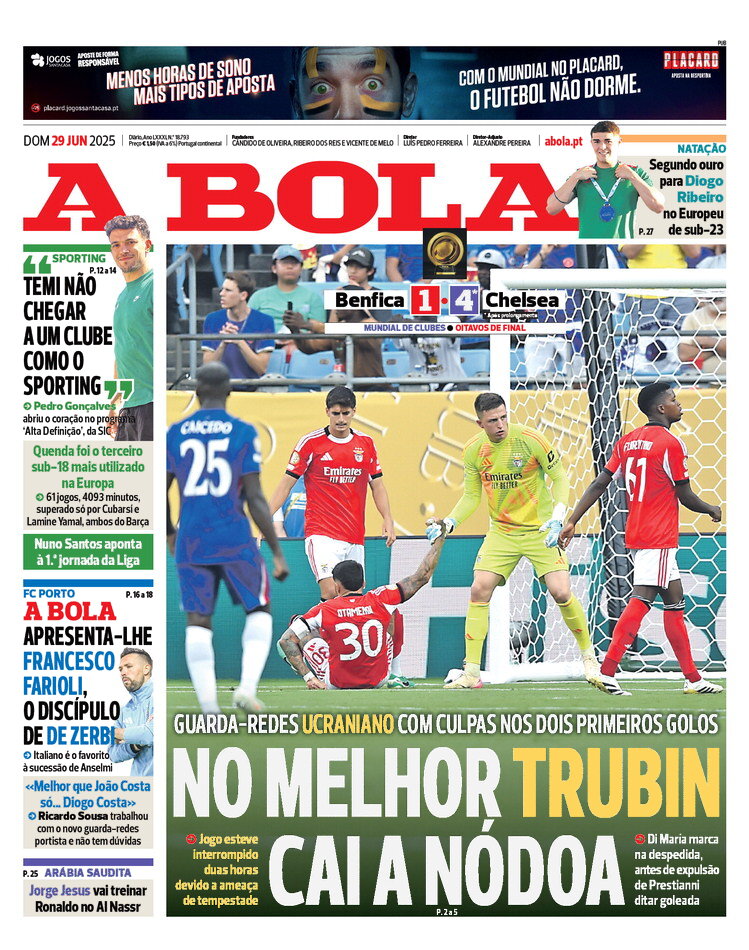 Prima Pagina A Bola 29/06/2025