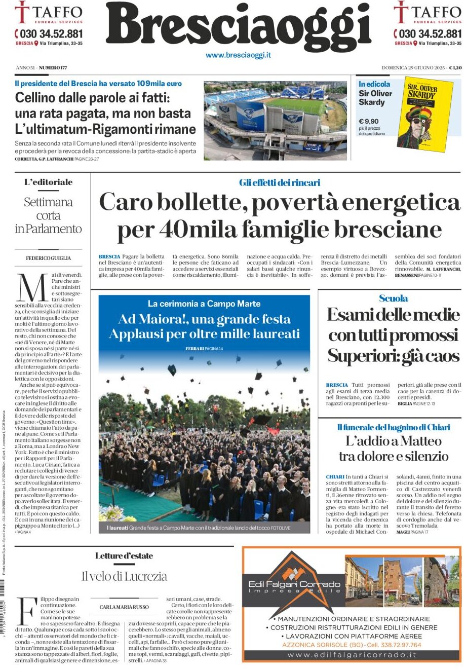 Prima Pagina Brescia Oggi 29/06/2025