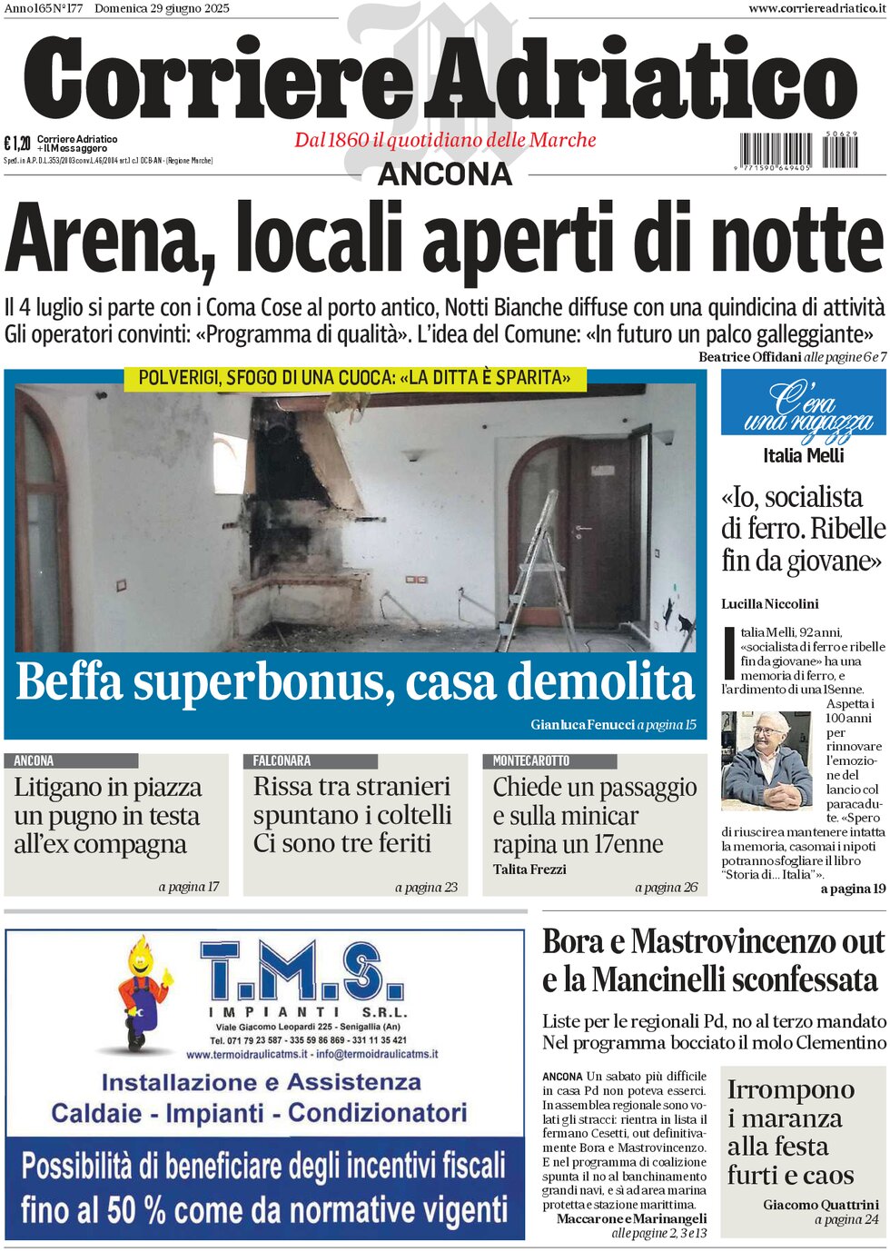 Prima Pagina Corriere Adriatico (Ancona) 29/06/2025