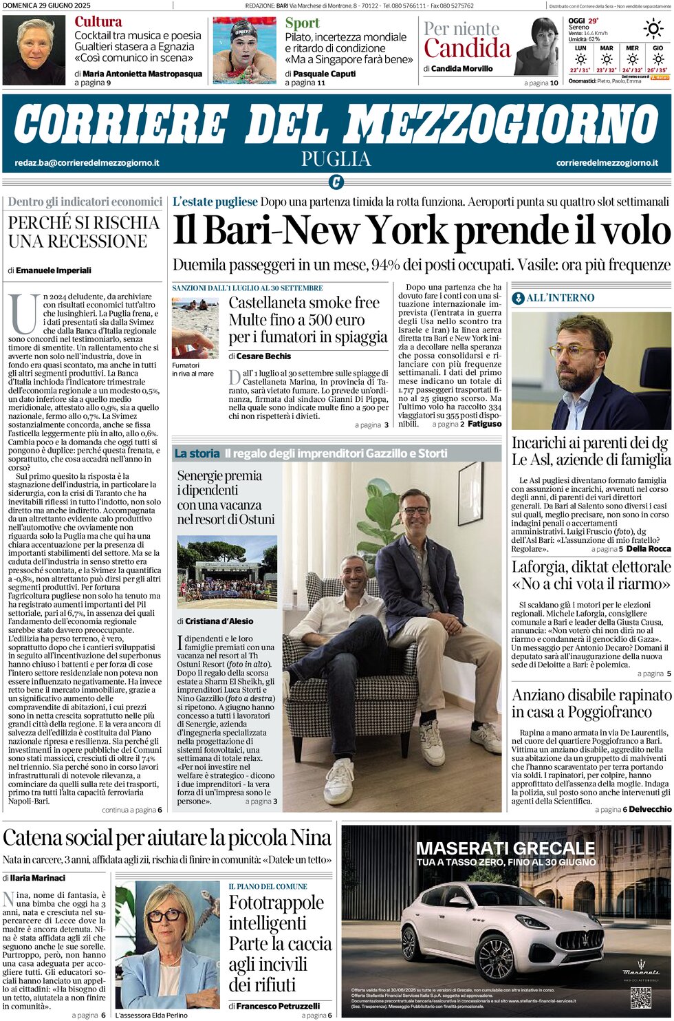 Prima Pagina Corriere del Mezzogiorno (Puglia) 29/06/2025