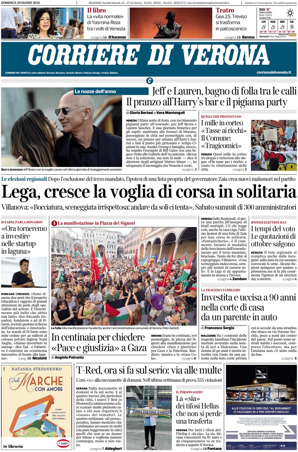 Prima Pagina Corriere di Verona 29/06/2025