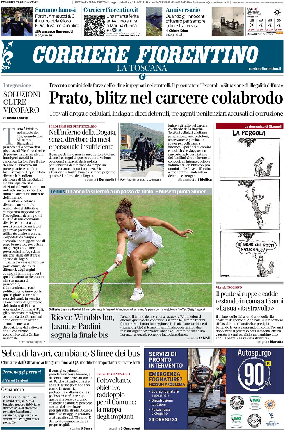 Prima Pagina Corriere Fiorentino 29/06/2025