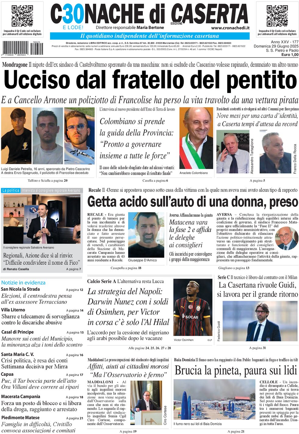 Prima Pagina Cronache di Caserta 29/06/2025