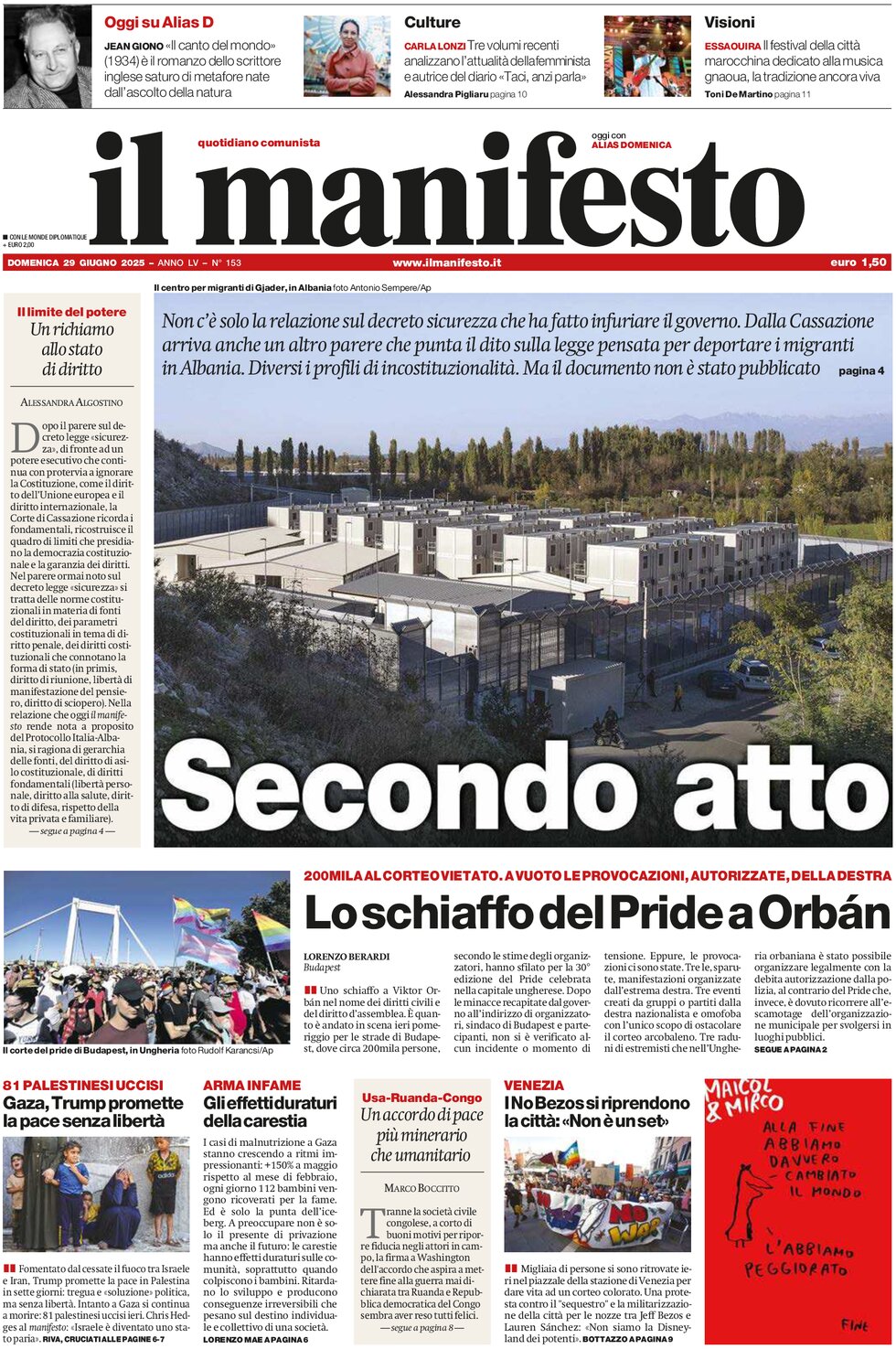 Prima Pagina Il Manifesto 29/06/2025