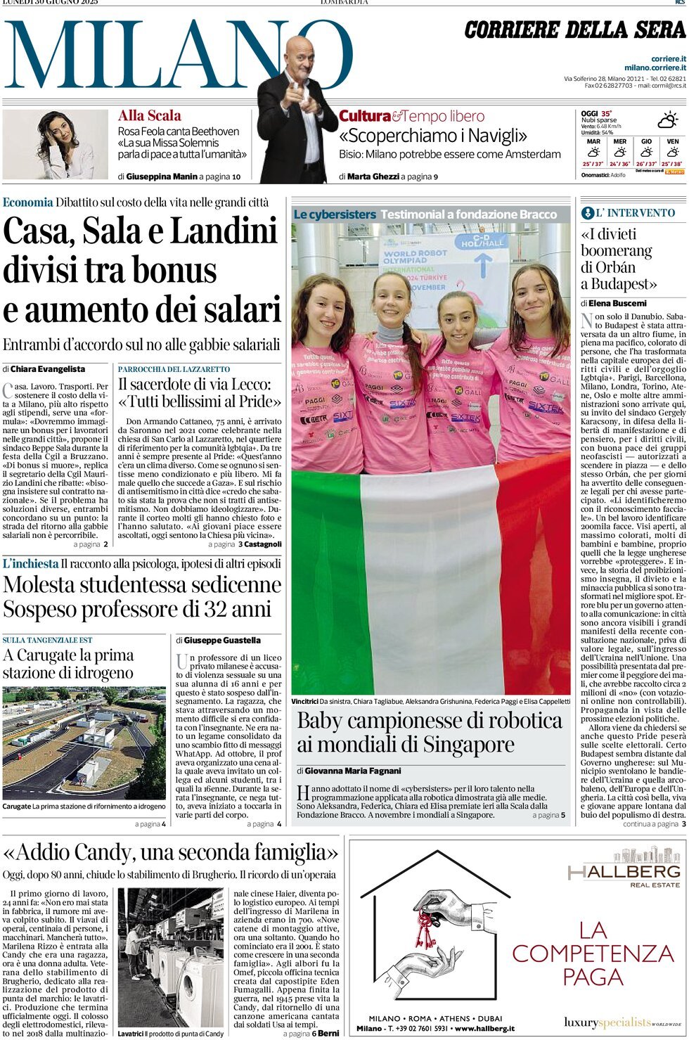 Prima Pagina Corriere della Sera (Milano) 30/06/2025