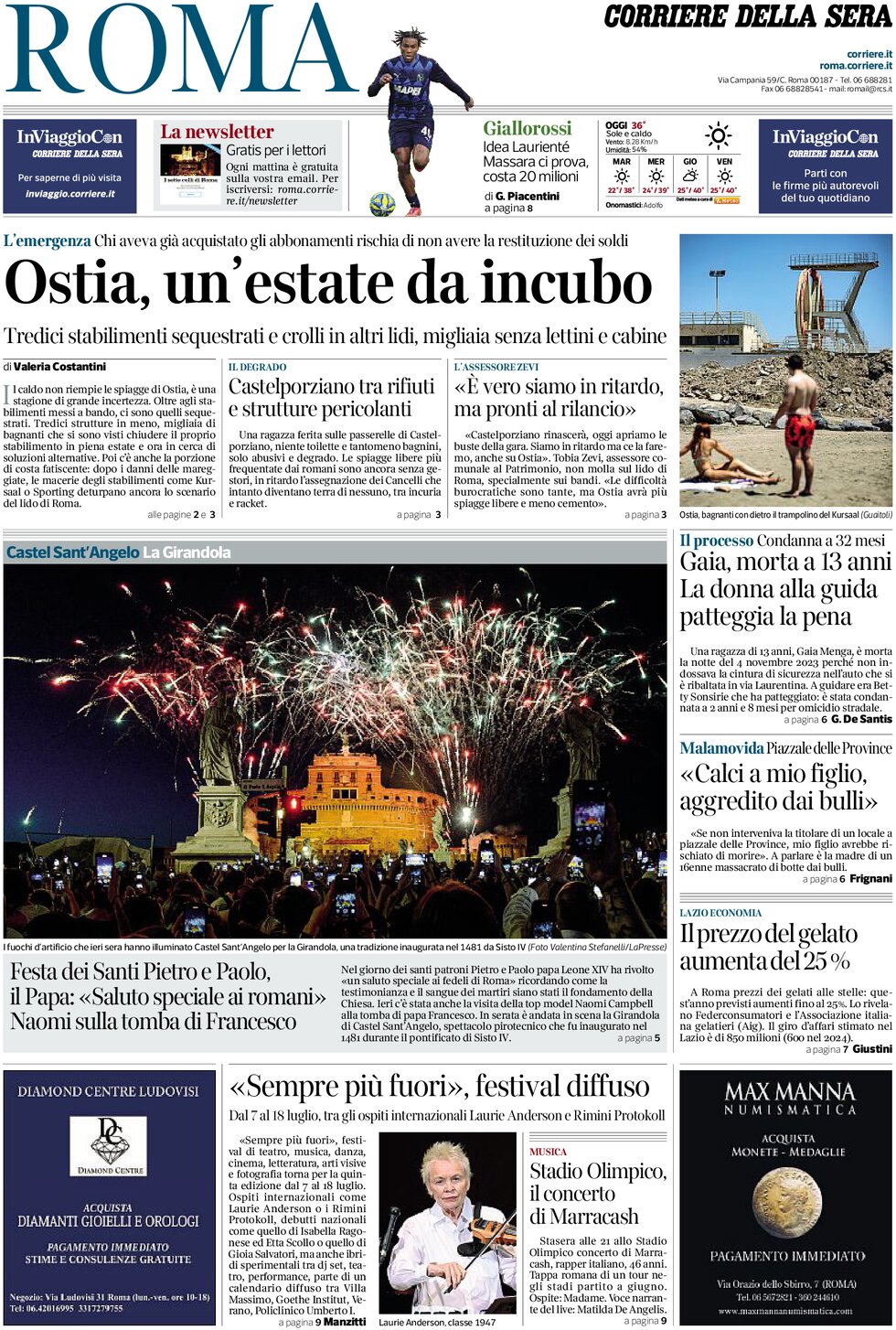 Prima Pagina Corriere della Sera (Roma) 30/06/2025