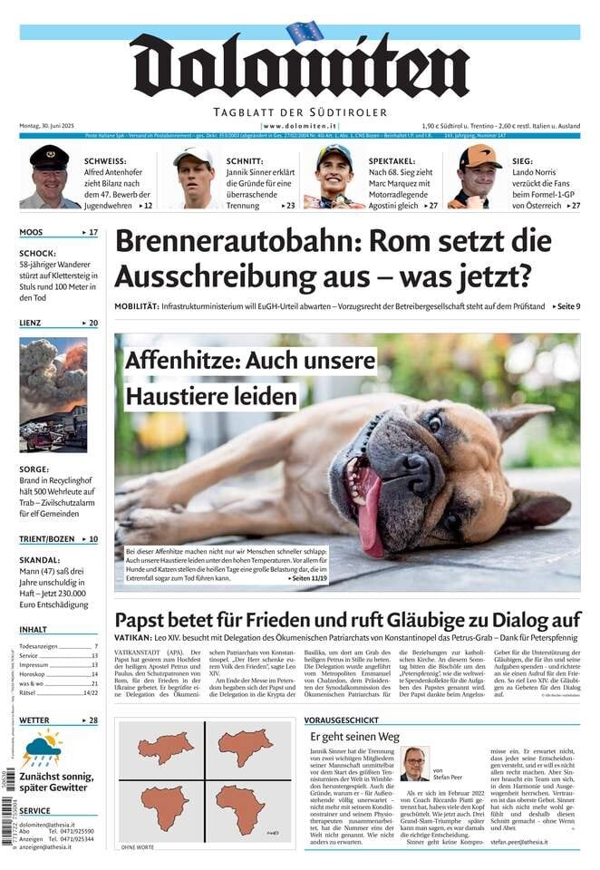 Prima Pagina Dolomiten 30/06/2025