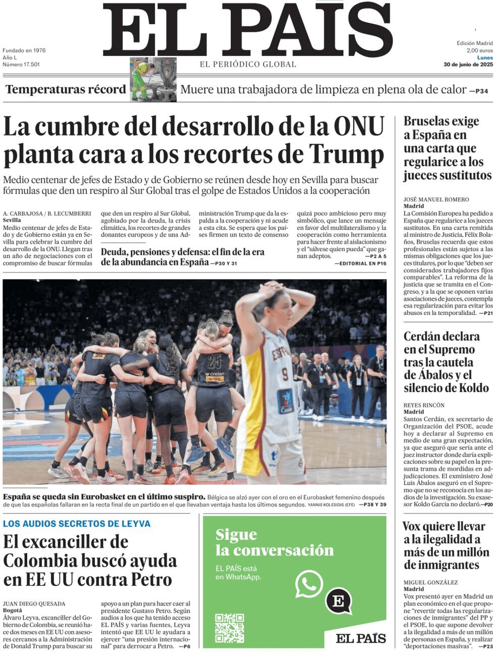 Prima Pagina El País 30/06/2025