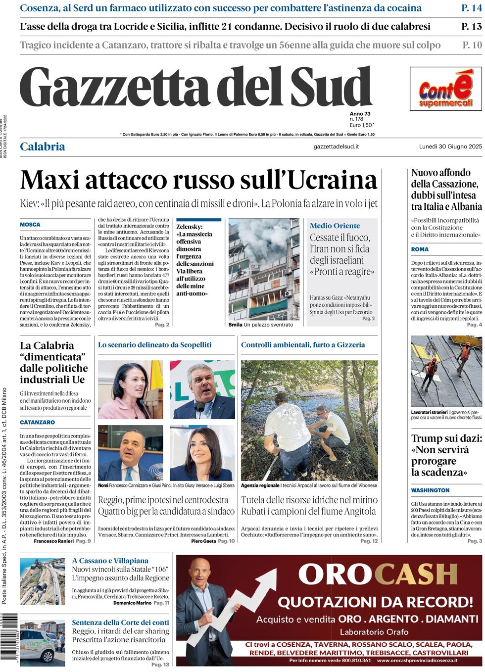 Prima Pagina Gazzetta del Sud (Reggio Calabria) 30/06/2025