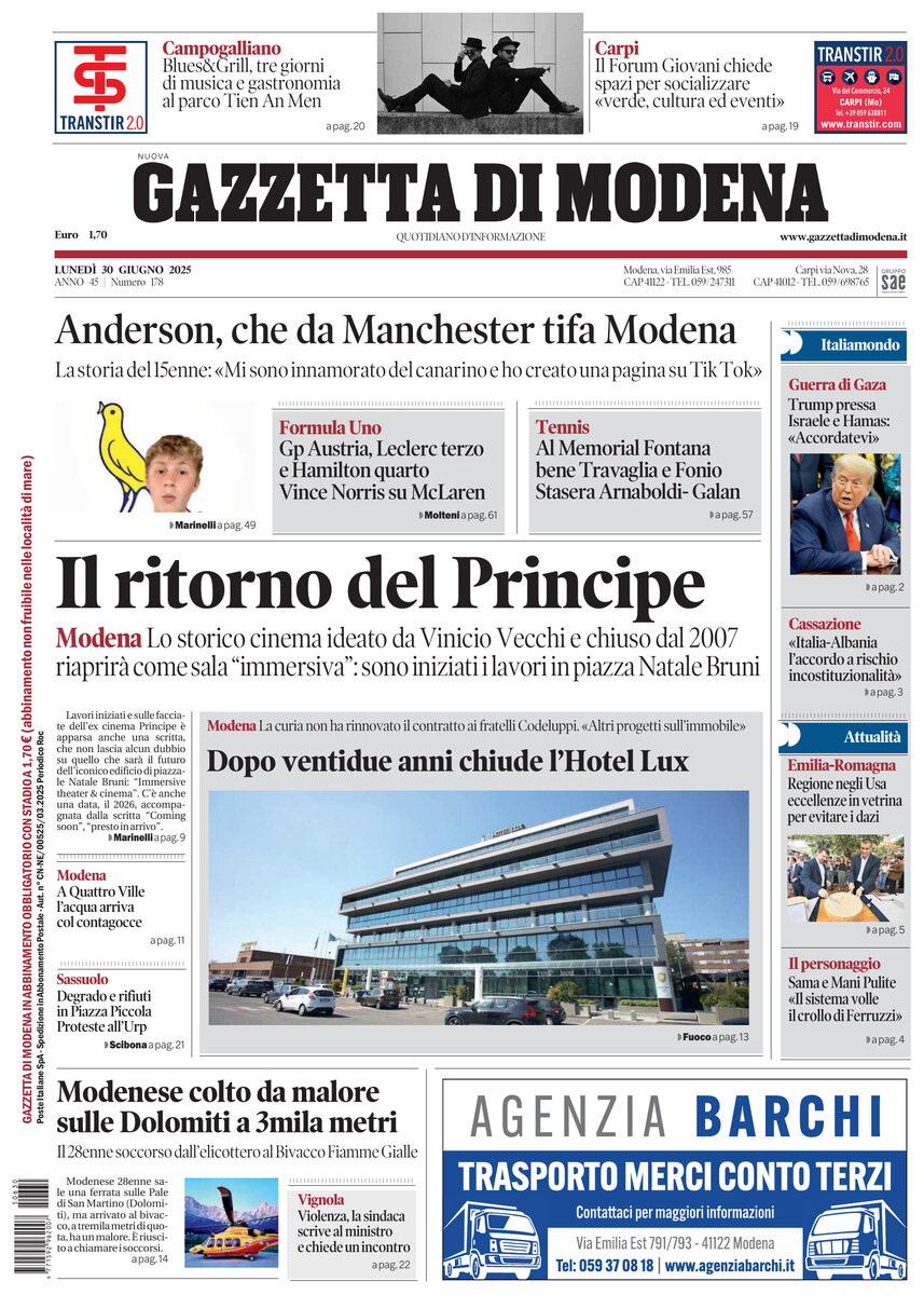 Prima Pagina Gazzetta di Modena 30/06/2025