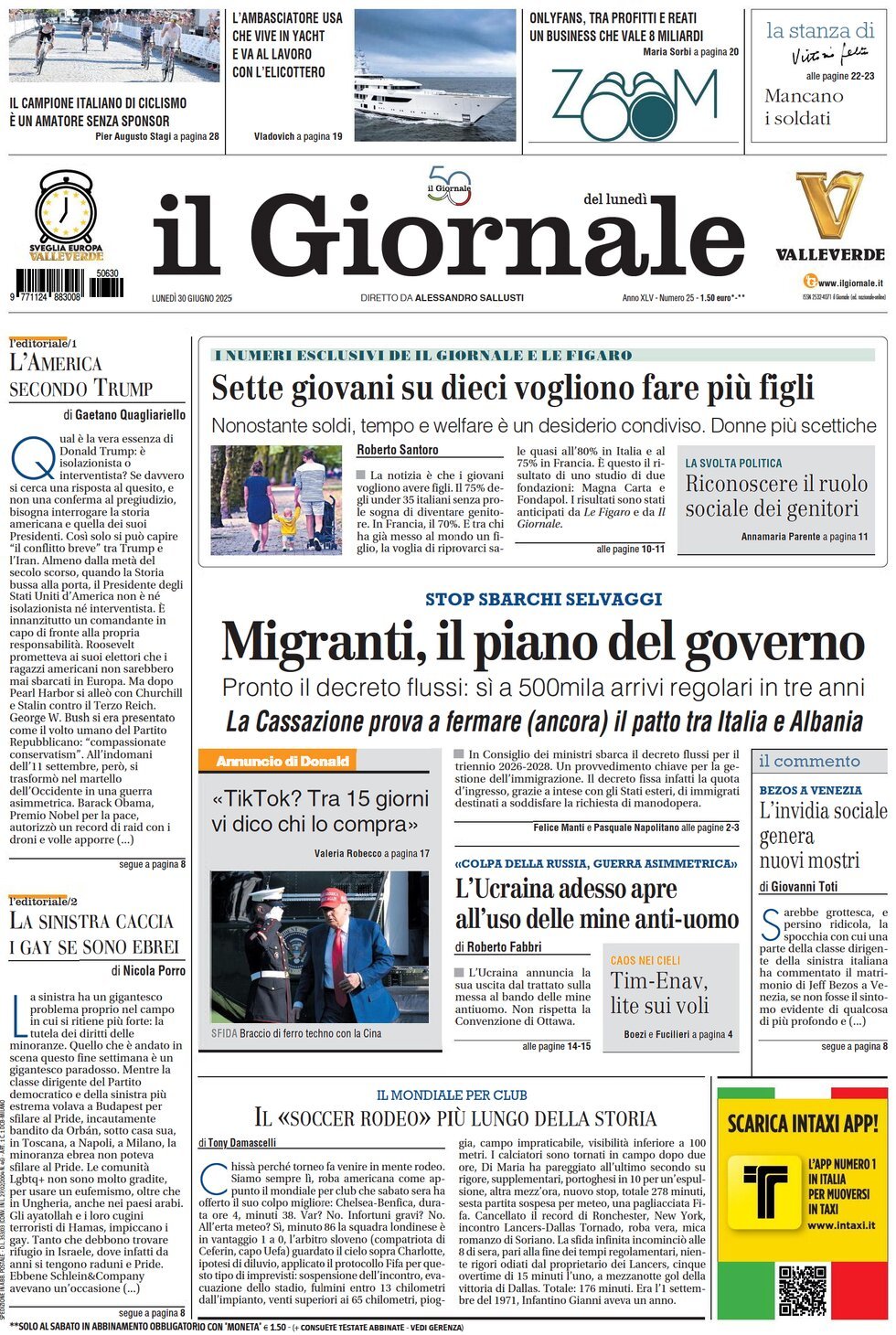 Prima Pagina Il Giornale 30/06/2025