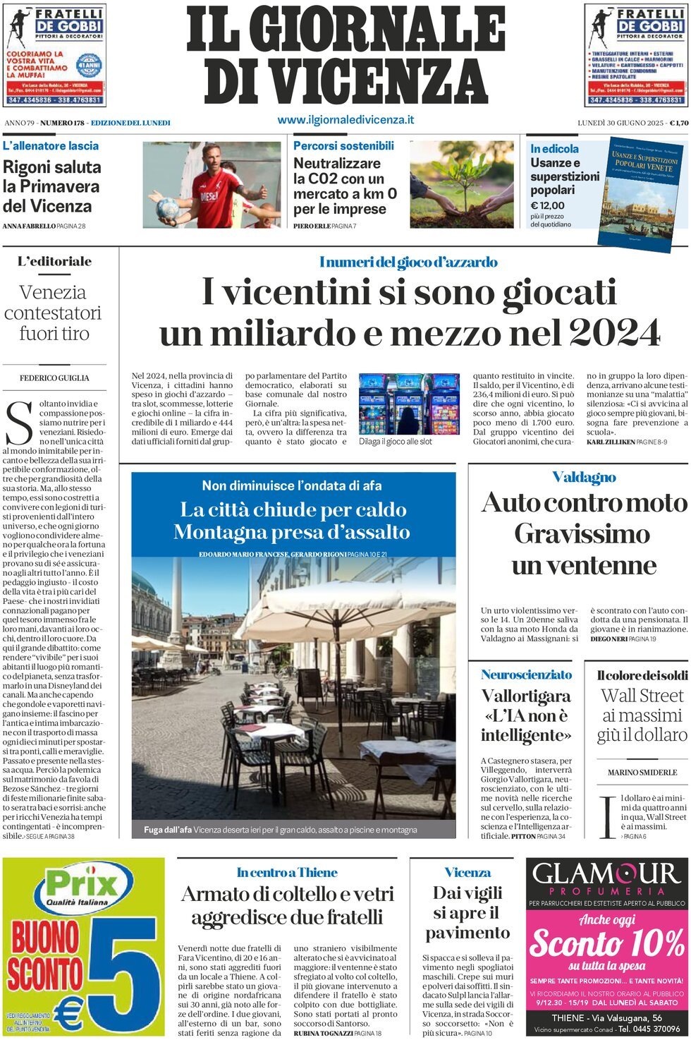 Prima Pagina Il Giornale di Vicenza 30/06/2025