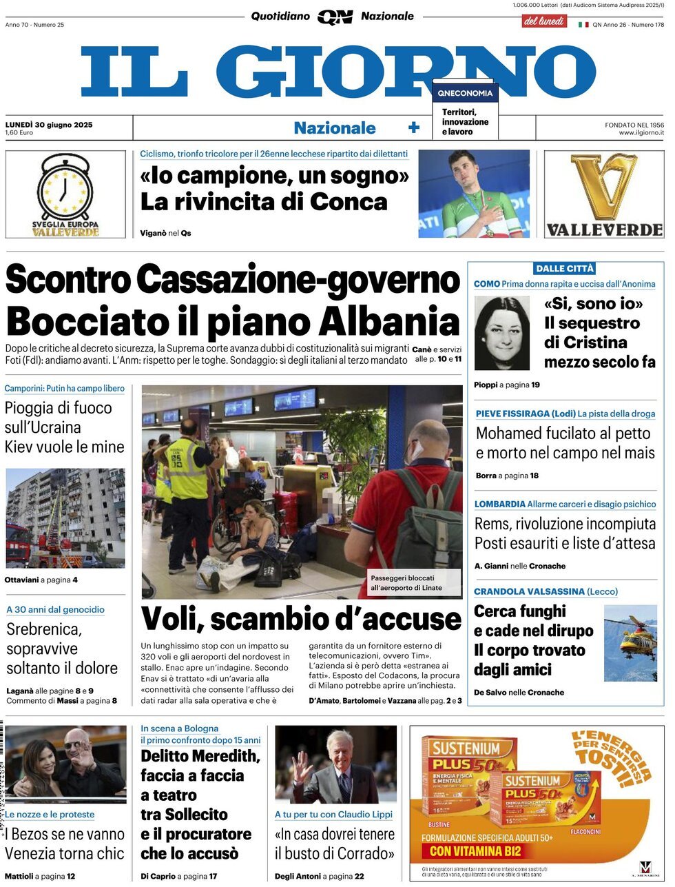 Prima Pagina Il Giorno 30/06/2025