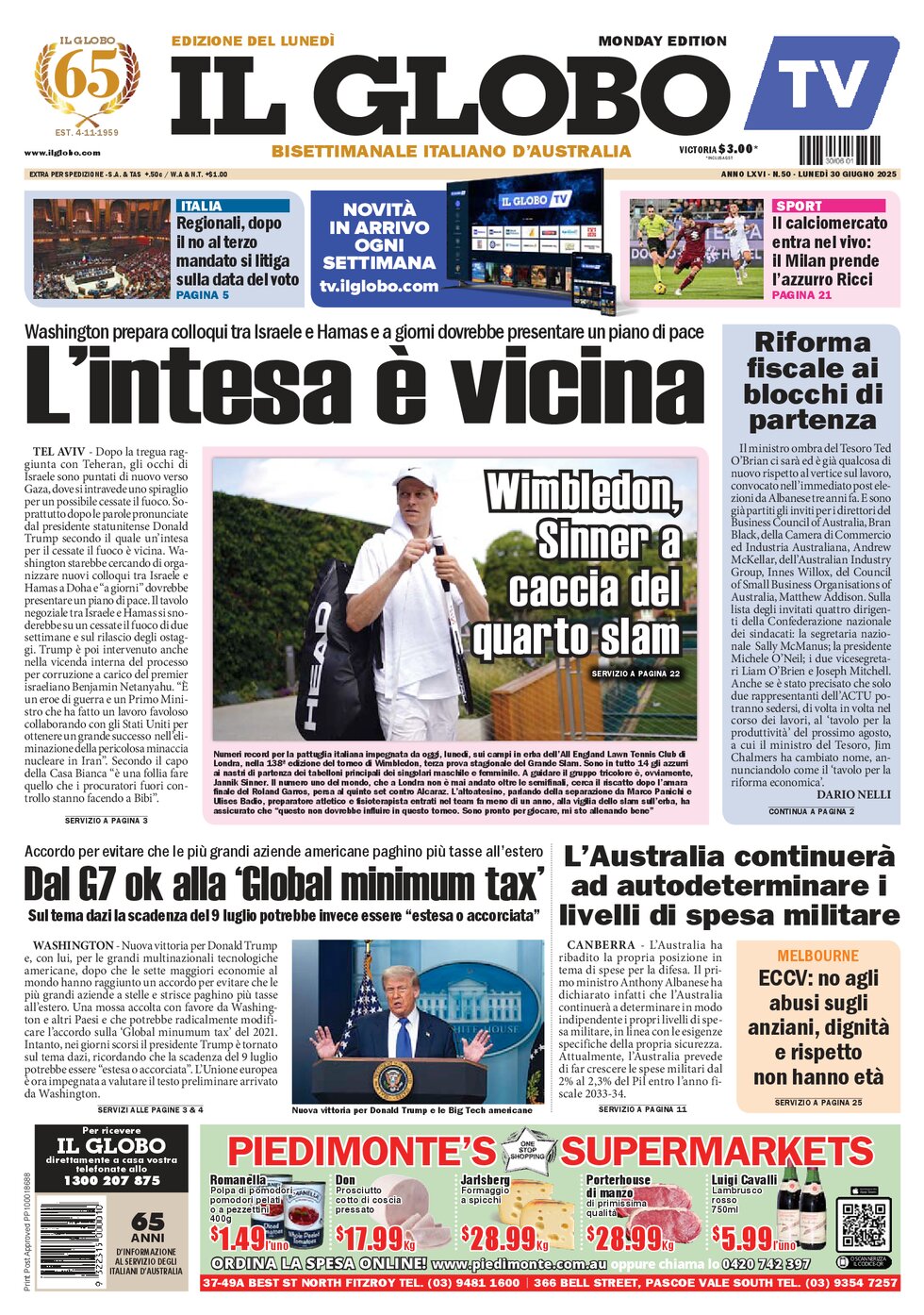 Copertina Il Globo 30/06/2025