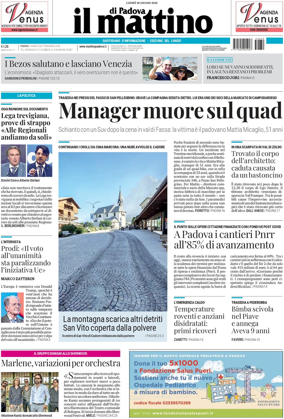 Prima Pagina Il Mattino di Padova 30/06/2025