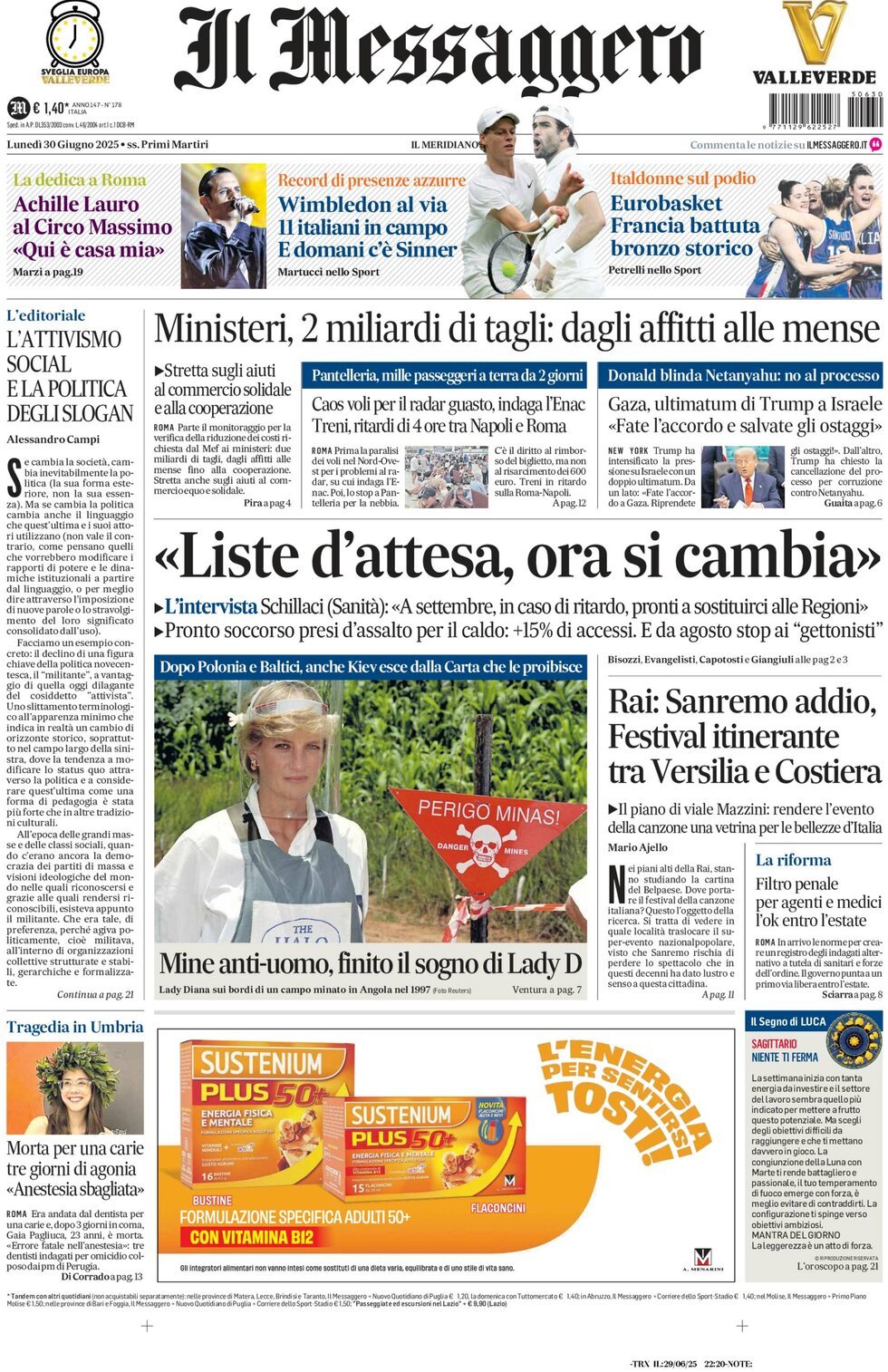 Prima Pagina Il Messaggero 30/06/2025