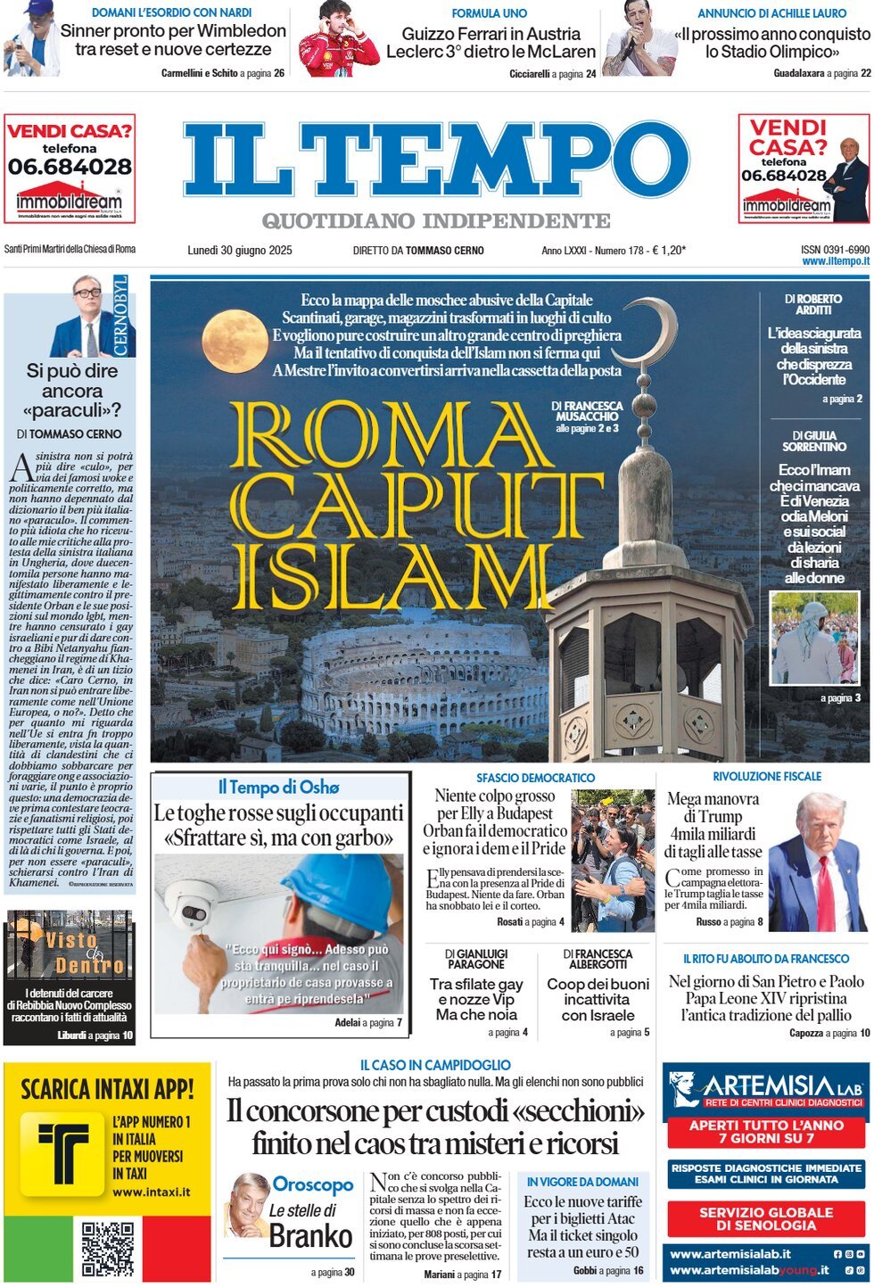 Prima Pagina Il Tempo 30/06/2025